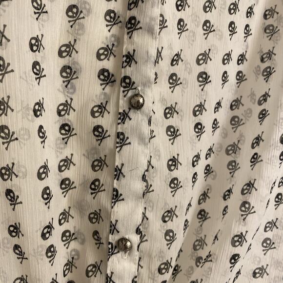 Flutterbye Top Medium White Black Skulls Tank Collared Button Up Lace Goth - Picture 5 of 6